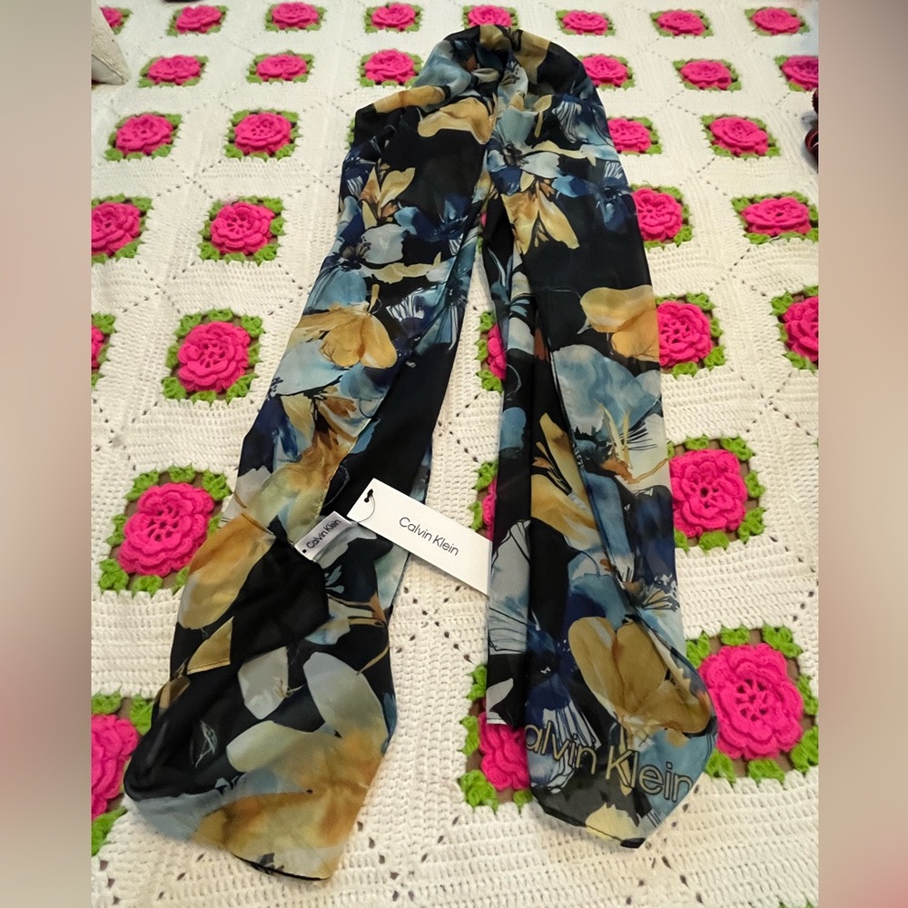 Calvin Klein Women's Floral scarf- Black and Blue